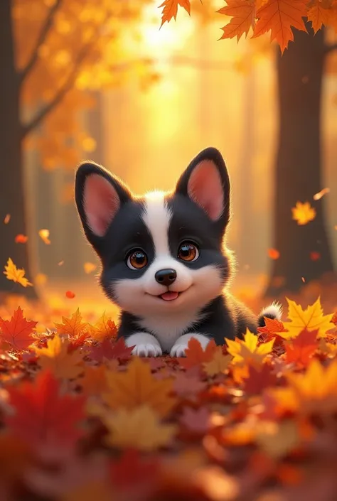  A cute black and white baby corgi is peeking out of a pile of fallen autumn leaves, Golden tree in the background 々have.