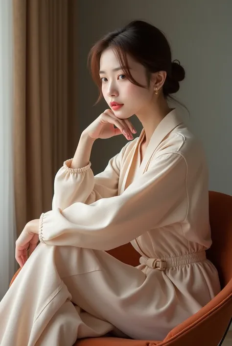  Beautiful korean girl with beautiful nose big lips pink blush  hair with  layer tied in bun got colour brown and red wears   rajut longdres neck collar down in shoulders with open back the behind bag sitting in round chair arms crossed ,her hands holding ...