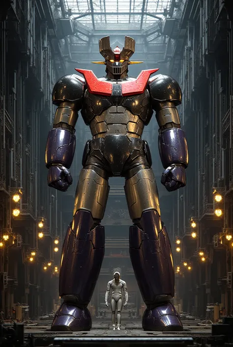 A very realistic giant version of Mazinger Z ,  standing 100 meters high in a forward position.  reactor equipment production line constructed with modern materials such as steel ,  Carbon Fiber ,  other industrial elements are also visible ,  just like th...