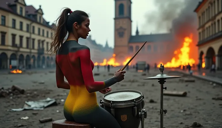 A woman in body paint with the colors of the German flag, playing drums in a destroyed square in Munich, with the partially fallen Rathaus tower and burning fires in the background. The scene is dramatic, with contrasts of light and shadow enhancing the ap...