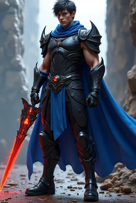  20-year-old warrior hero with all-black armor, blue cape,  sleeveless,  blade bracelets , black boots, medium and fiery sword with red jewels , 