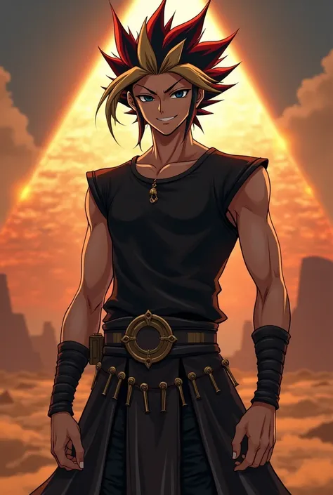 1 male man, anime style, Kazuki Takahashi traits, yugioh dualist outfits, black sleeveless shirt, hair broken in the middle, brick-style haircut, black eyes, evil smile, pharaohs clothes, very detailed,
Firm, perfect, pyramid bottom of light in the desert....