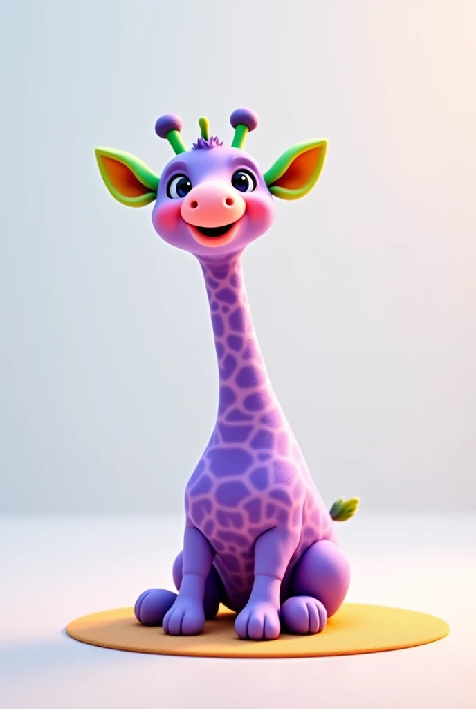 A cute baby purple giraffe, it has long green trunk, two big yellow ears, a big pink nose.