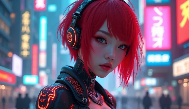 Japanese cyber girl with red hair