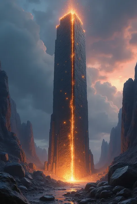  Create a setting where the sky has multiple colors and the ground has several crystals.  In the center of the landscape , an imposing tower erected ,  made of a material similar to obsidian ,  but with glowing veins of golden energy .