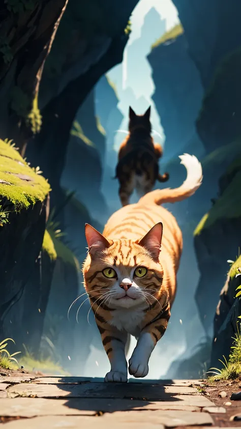 A Wuthering Golden Ninja Cat，anger，Fury Clash ， Walk through a frozen canyon ， Every step generates flames ， HD， high detail，front，( Fire Magic 1 .5)，