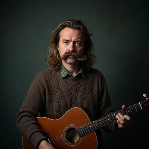  studio portrait , stands straight, man 32 years old , knitted sweater plays guitar,  long hair slightly disheveled ,  professional musicians tired look . Horseshoe-shaped mustache , Long and thick, with ends ,  falling down to chin level.,  80s Soviet pho...