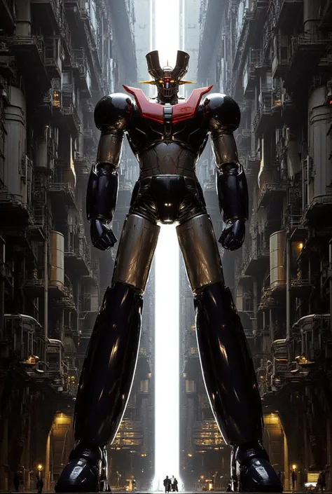 A very realistic giant version of Mazinger Z ,  standing 100 meters high in a forward position.  reactor equipment production line constructed with modern materials such as steel ,  Carbon Fiber ,  other industrial elements are also visible ,  just like th...