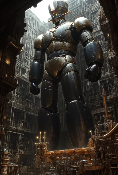 A very realistic giant version of Mazinger Z ,  standing 100 meters high in a forward position.  reactor equipment production line constructed with modern materials such as steel ,  Carbon Fiber ,  other industrial elements are also visible ,  just like th...