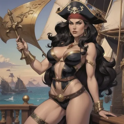 Art inspired by John Buscema, pirate captain,  white Caucasian woman ,  long hair, wavy,  black-haired, voluptuous,  arrogant , African tribal womens clothing,  dagger adorned with jewels on your belt, scimitar in hand, on the deck of your ship ,  Looking ...