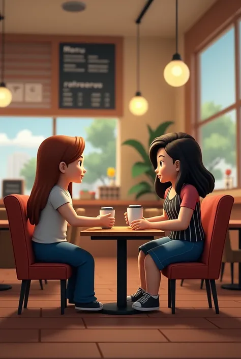 Make a Roblox thumbnail for a cafe game. The people in it should be Roblox avatars. A boy should be handing a coffee cup to a girl with a cafe menu in the back and sitting arrangement in the environment.