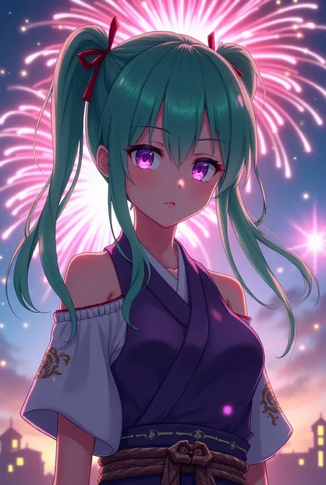  Create a woman with green hair tied in two pigtails,  purple eyes,  samurai clothes but shorter purple , I want fireworks in the background , in anime style