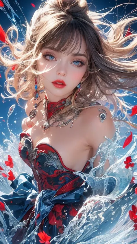  close-up of a beautiful womans face,  bewitching look ,  SHARP FACE ,  blue eyes, red lips,  majestic artistic look , water pouring on her face ,  super detailed ,  Perfect Composition 