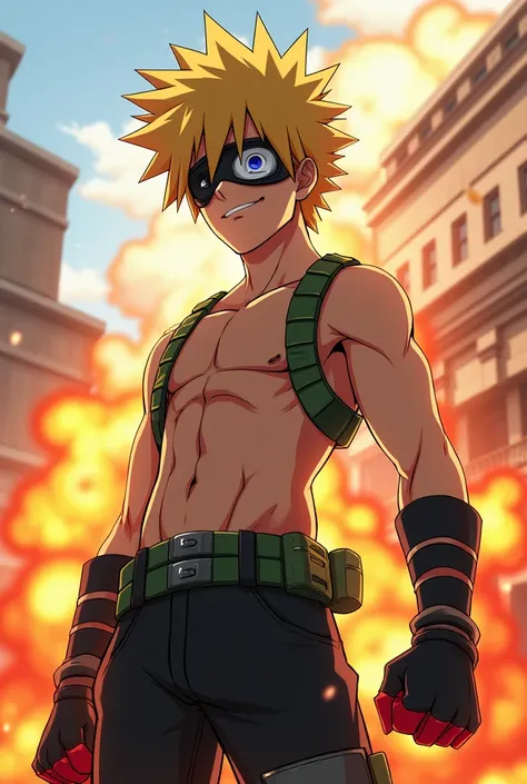 (( masterpiece , Better quality, detailed)), 1 boy,  male focus,  outdoor, building,  EXPLOSION, fire, ashes,
bakugou katsuki,  bicolor gloves, green belt, eye mask, ( Granada ), black strap top , bare shoulders, superhero,  black pants , crazy smile