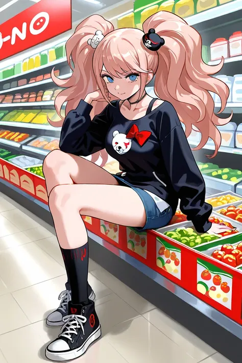 Enoshima Junko wearing casual clothes at the supermarket