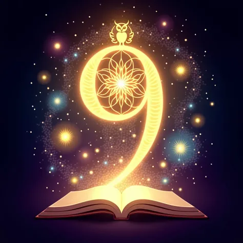 "A mystical and inspiring illustration representing the essence of the number 9 in numerology. The glowing number 9 radiates soft golden light, surrounded by swirling galaxies and intricate geometric patterns like the Flower of Life. Symbols of wisdom and ...