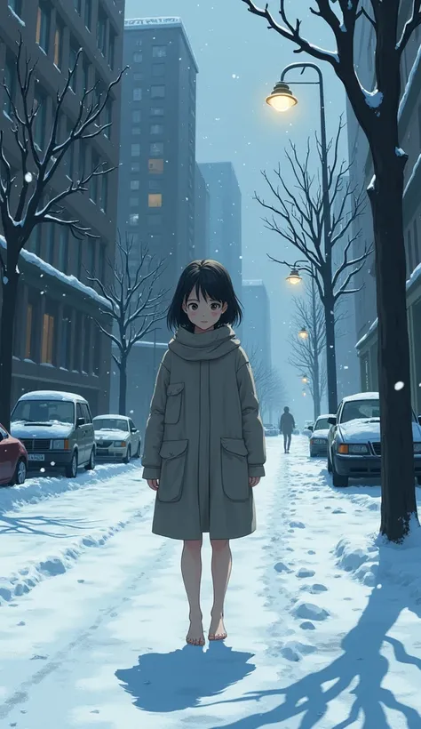 Once upon a time, on a freezing  Years Eve, a poor  named Alma wandered the streets. She was barefoot and shivering in a thin, torn dress generate image like anime style image 