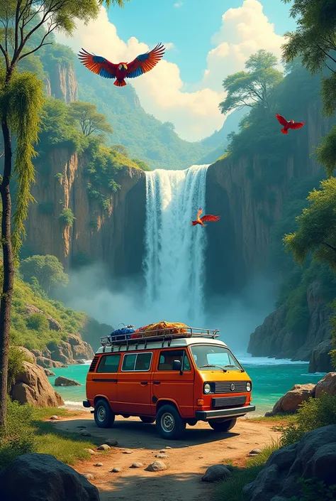 Image of a van in a landscape with waterfall with macaws highlighted 