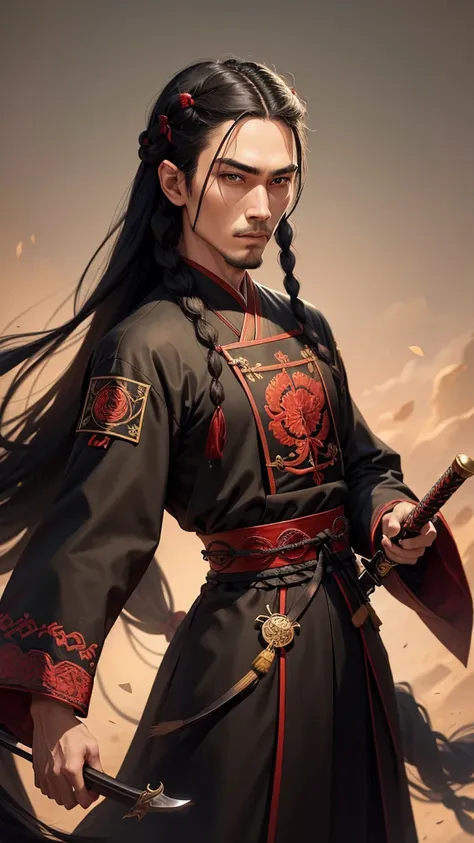  A tall handsome man with green eyes , with a stern face , snub-nosed nose.  Long black hair,  braided in several braids from the top of the head .  Black Chinese hanfu with red embroideries.  In his hands a two-handed sword .