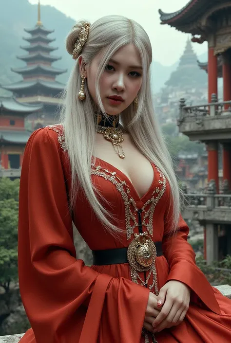 (Best Quality),  girl, oriental detailed background, Oriental cityscape, Steampunk,With high definition images，Priestess in costumes , Costumes showing breast and deep cleavage , White hair