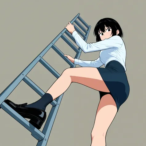 Grab the ladder with both hands.climb a ladder、、Office ladies in blue mini skirts climbing ladders.Blue pencil skirt、from below、foot focus,Only one ladder、side view, looking at the viewer、 black hair、Detailed hand、Hand、Perfect hand、Black shoes, socks、stabl...