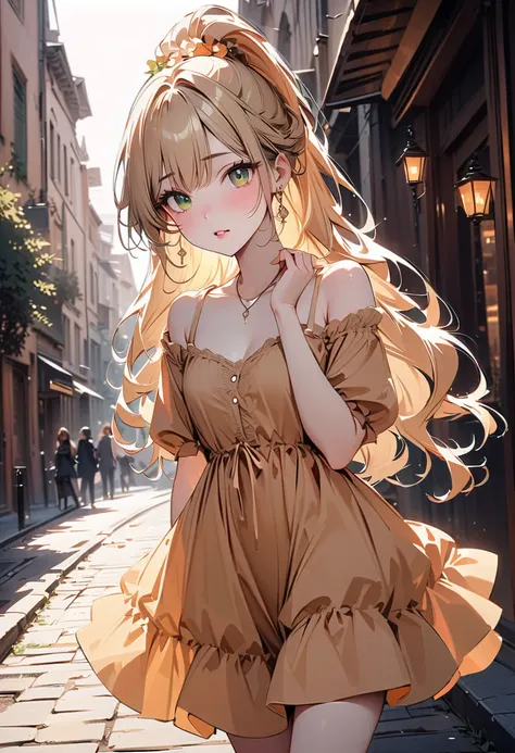 (top quality, 4K, masterpiece :1.3) a cute young beautiful asian woman, blonde haired, pale skin, very pale green eyes, slanted eyes, very long hairs, high ponytail braids, light pink lips, dressed, holding a shopping basket, beautiful detailed eyes, cute ...