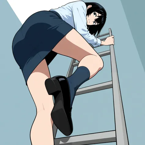 Grab the ladder with both hands.climb a ladder、、Office ladies in blue mini skirts climbing ladders.Blue pencil skirt、from below、foot focus,Only one ladder、side view, looking at the viewer、 black hair、Detailed hand、Hand、Perfect hand、Black shoes, socks、stabl...