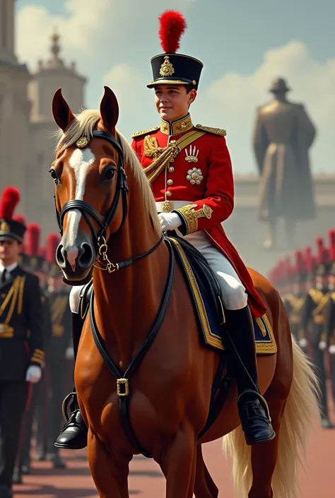  prince George of wales on horse in military uniform and officer hat during military parade staing near king Charles III