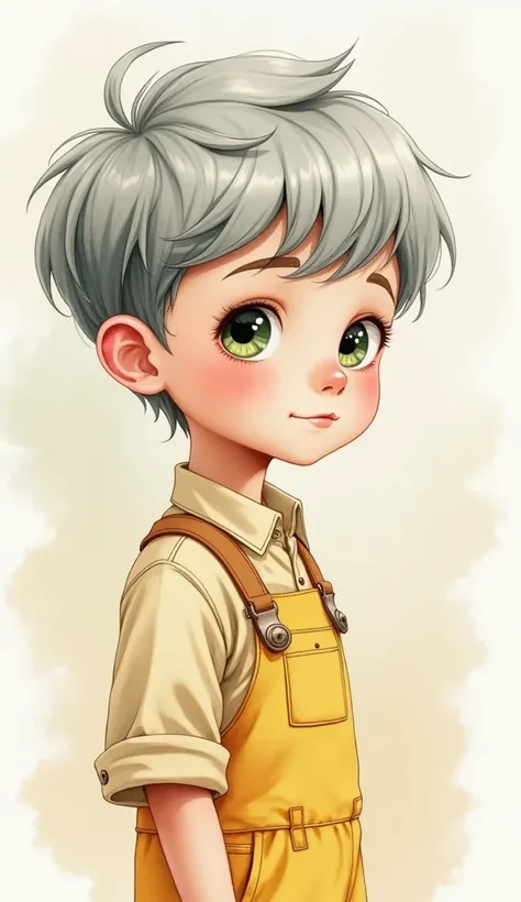 Portrait of a cute boy, 5-, ashy gray hair, short haircut, large dark green eyes, plump bow lips, light yellow jumpsuit, realism, watercolor, 4K, High detail