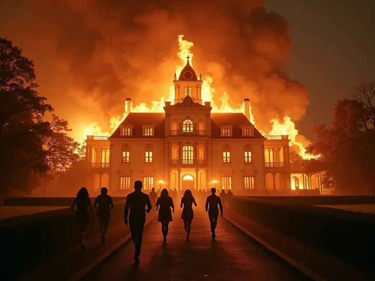 Create a mansion that is on fire at night and finds people running