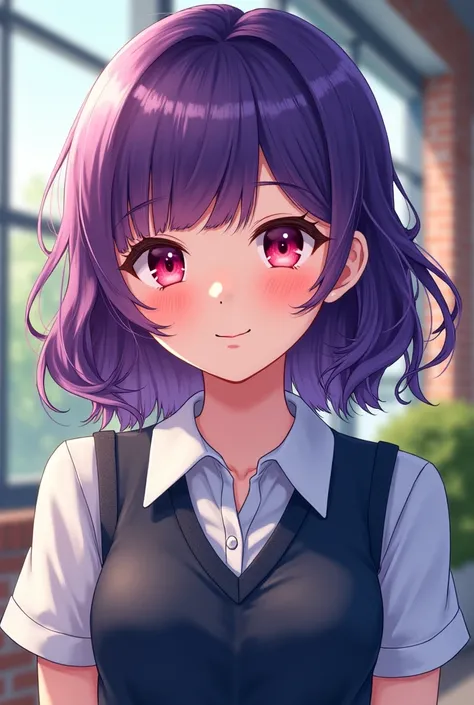 Semi-realism art of a teenage girl with weavy short hair, purple hair, red eyes, half body, smiling, in school uniform. 