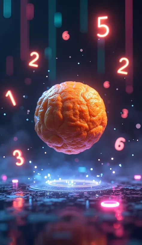 3D illustration of a floating coxinha surrounded by glowing calorie numbers, dark background with neon effects