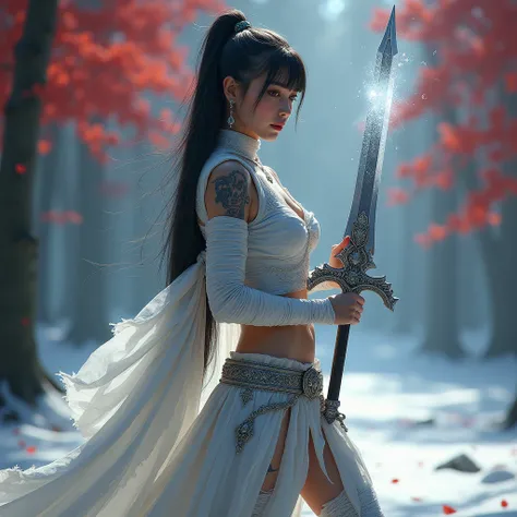 1girl, Solo, she have attractive,hot and sexy body, absurdly long hair, background red trees, fantasy world, frozen clothes, tattooed body, earring jewelries, 8k, hd, bandages covering our body, snow woman, white Aura coming from her body, chest armour, cl...