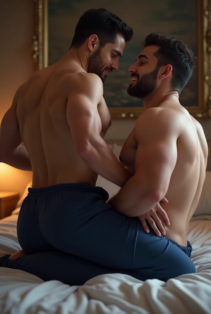 Create an image of a Handsome Men Big butt in blue navy pajama sweatpants and his boyfriend grabb the butt of the men and they are in bed