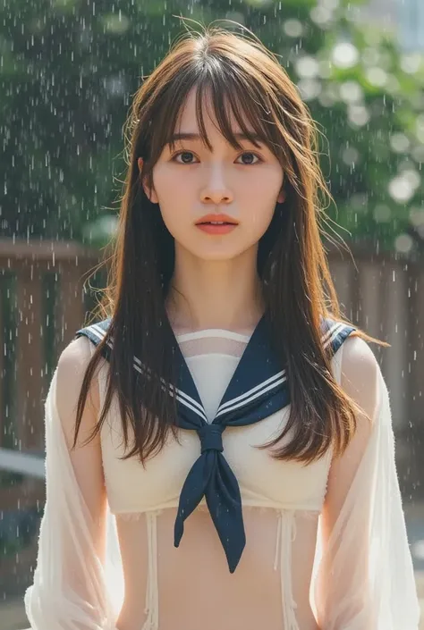  1 girl,   dark brown hair long hair, sailor suit, shy, ,  wet, rain, transparent, (masterpiece,  top quality ), Soft light,  cinematic composition, Cinematic Light