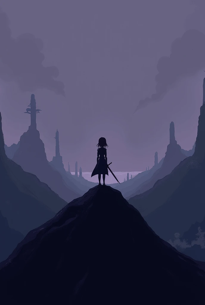  will be a desolate place . shades of purple and navy blue will be used . there will be a hill . on top of this hill there will be a girl facing her back and she will have a sword in her hand. 