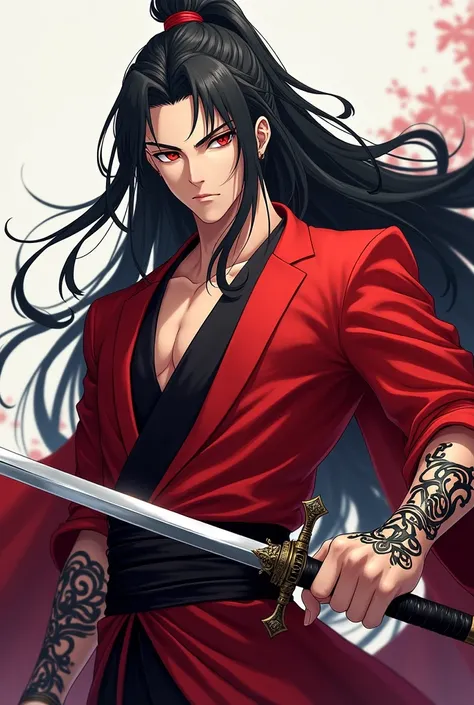 anime man with long hair dressed in red with sword and red eyes and black tattoos around his fingers like rings and on his hands like a bracelet , serious with an aura of leadership  with black hair