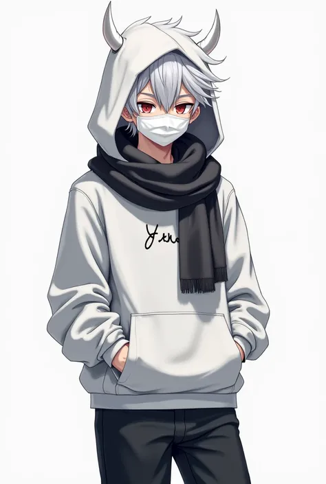 Generate me a anima boy dressed in white hoodie, has a white messy hair, has a black-gray winter scarf, has a black pants, has a white medical mask , has a white devil hood and white shoes