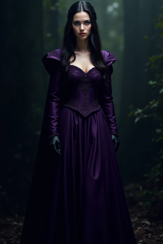 Queen in dark purple dress, black hair, green eyes, natural expression 