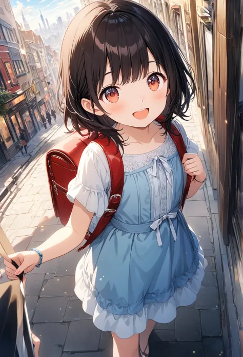  so cute、( super detailed )、 top quality 、8k、 One Girl 、 dynamic angle to break white panties、smile、 noise reduction 、 high res、 super detailed 、 game cg、 Dutch angle 、 beautiful details、 visual art、 five fingers 、perfect hand、 walking 、 red backpack、(Very...