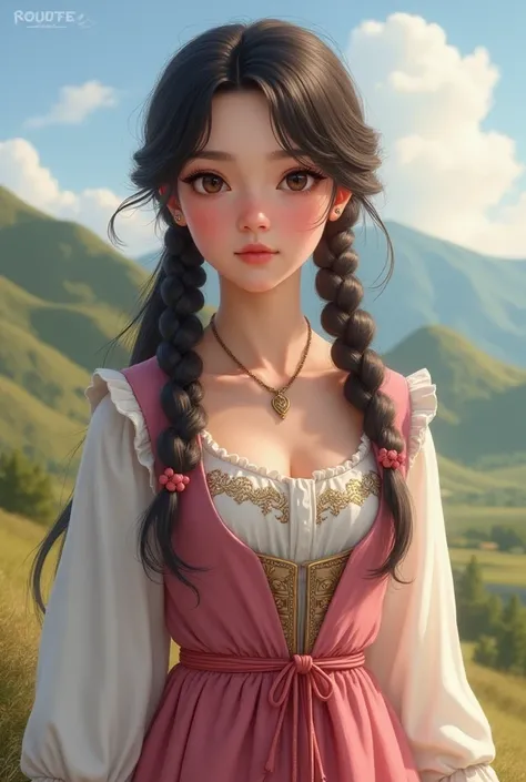 Draw a picture of a Cossack girl , black pigtail ,  a delicate pink dress with a white vest on her