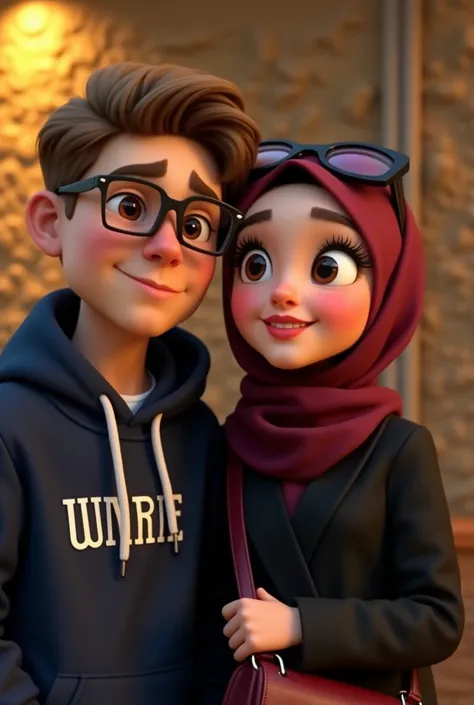 SELFİE The photo is a Disney-Pixar 3D-style selfie. The girl is on the right side, wearing a maroon hijab and black cat-eye glasses on her head. She has large, almond-shaped brown eyes with long lashes; her cheeks and lips are painted pink. She is dressed ...