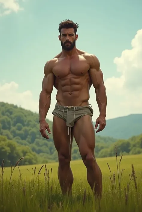 muscular handsome man completely naked in the field