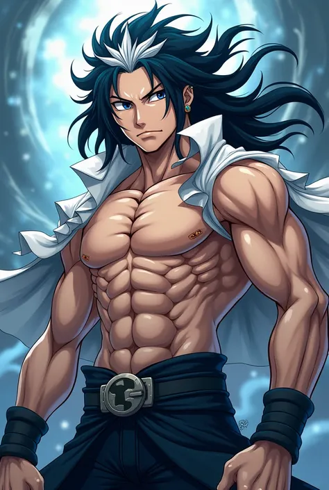 Male with black hair and onestrand of white hair. ithout shirt in Fairy Tail anime style