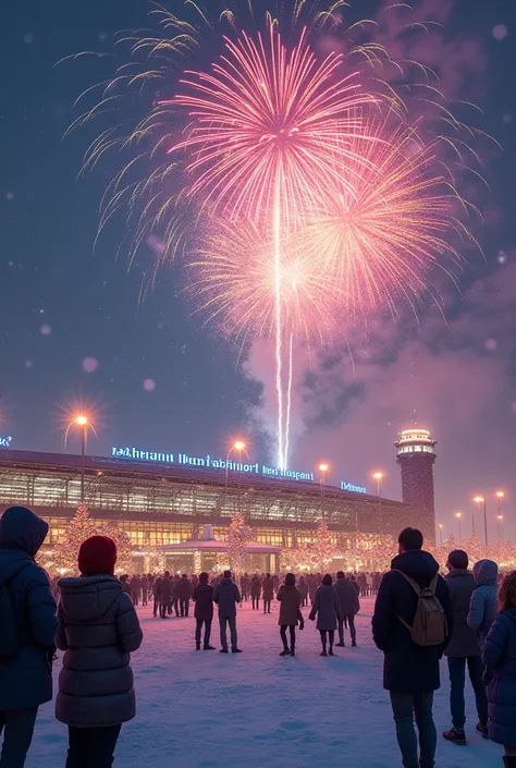 Generate Tashkent airport.  Happy New Year , with fireworks in the snow 