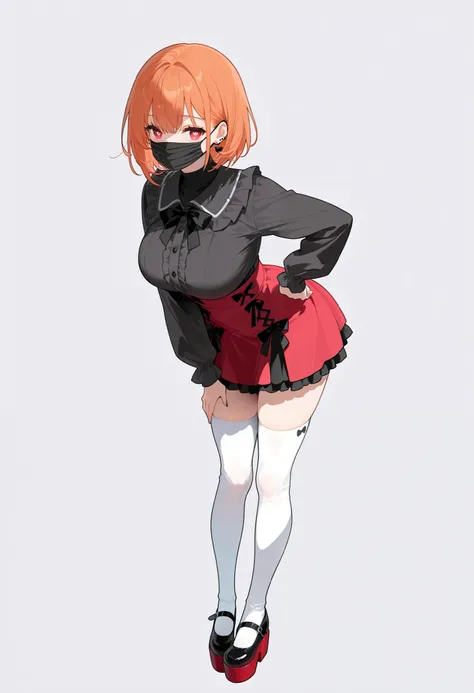 score_9, score_8_up, score_7_up, masterpiece, ultra-detailed, solo, short hair, Orange hair, (black surgical mask:1.3), RED eyes, heart-shaped eyes , jirai kei, Black shirt, Red skirt, Black frill skirt, White socks, Zettai ryouiki, RED platform shoes, lar...