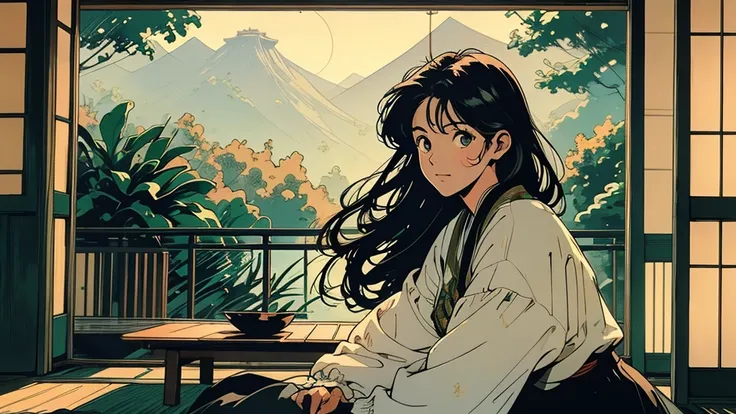 An anime girl wearing glass with long, flowing hair sits by the open sliding door of a traditional Japanese rural house but on a modern table. Sunlight streams through the tatami mat floor. She gazes dreamily at the lush summer landscape outside—green rice...