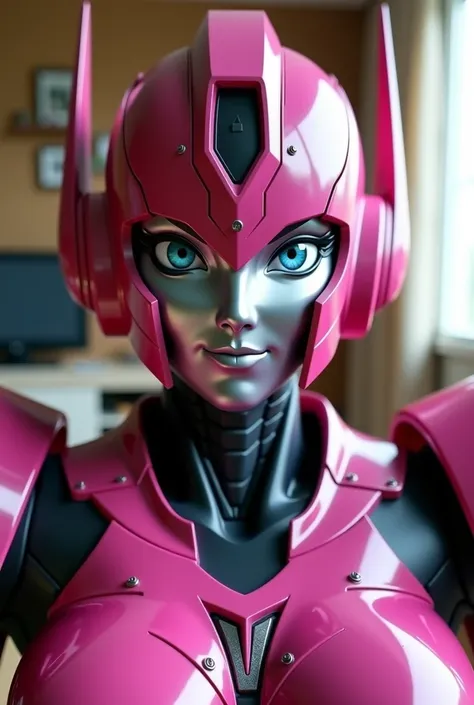  Arcee the autobot from transformers in the family room. Looking at and standing up super close to the camera like a selfie 
Arcee robot face
Dark pink
Small smile