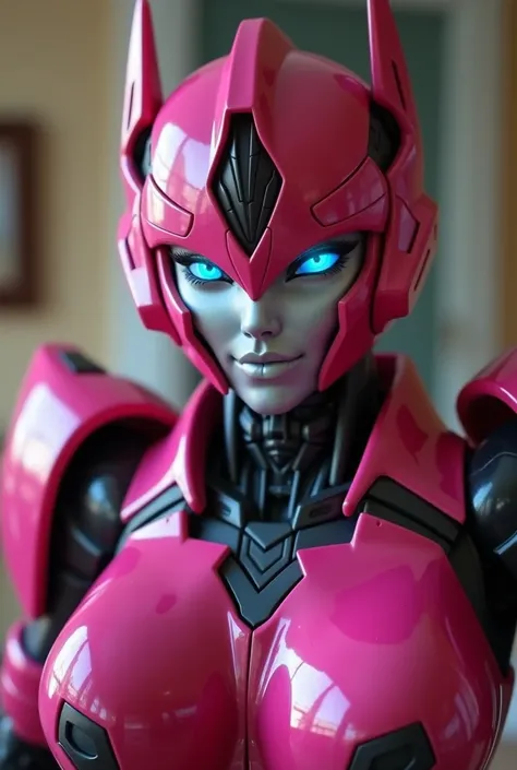  Arcee the autobot from transformers in the family room. Looking at and standing up super close to the camera like a selfie 
Arcee robot face
Dark pink
Small smile