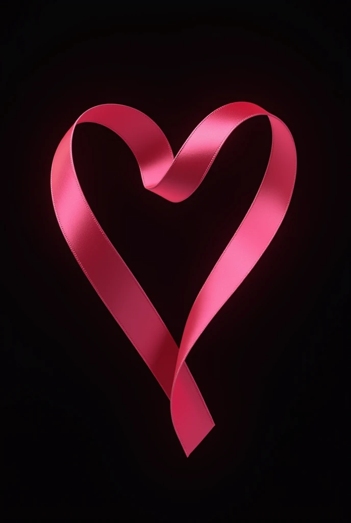 A breathtakingly realistic 3D rendering of a sumptuous pink satin ribbon, meticulously crafted to resemble a perfect heart shape, suspended effortlessly in mid-air against a profound solid black background. The rich, velvety texture of the ribbon is showca...